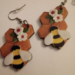 Bee and Flower Hexagon Earrings